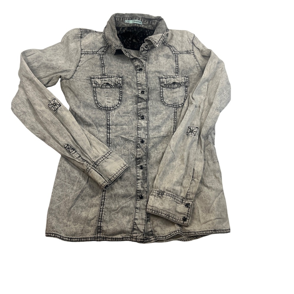 Maurices Womens Acid Wash Denim Button Down Shirt Gray Lace Back Size L